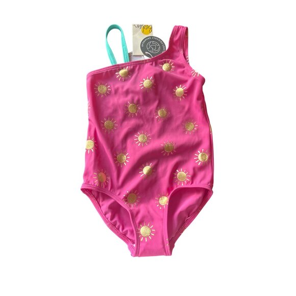 NWT Boden Girls Pink & Gold Sun Print One-Shoulder Swimsuit 2-3Y